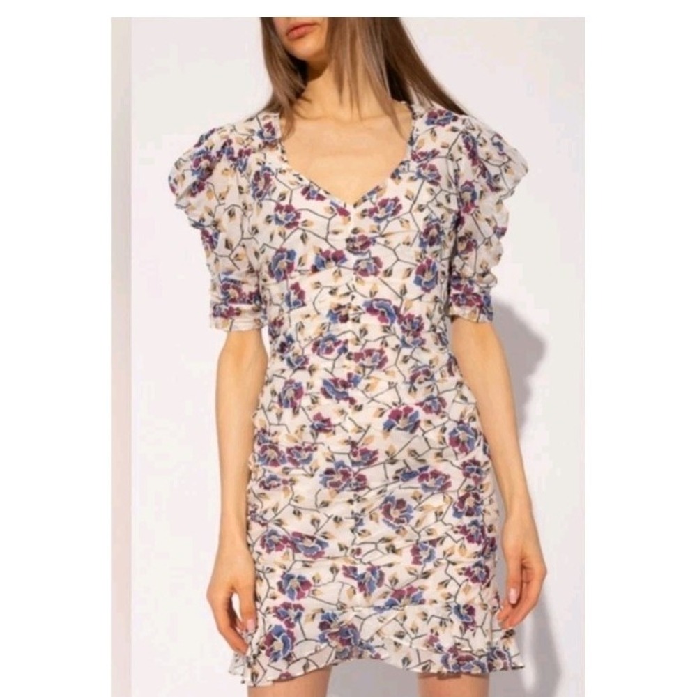 Isabel Marant Étoile Sireny Puff-Sleeve Ruched Floral Cotton Mini Dress Size 40